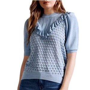Ted Baker Bernise Ruffled Pointelle Knit Top Women's 2‎ Blue Career Dainty Fairy